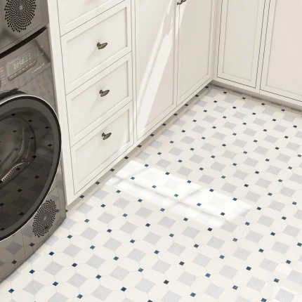Close-up of Seabreeze Cielo marble mosaic showing Thassos octagon field, Azul Cielo square insets and navy dot detail
