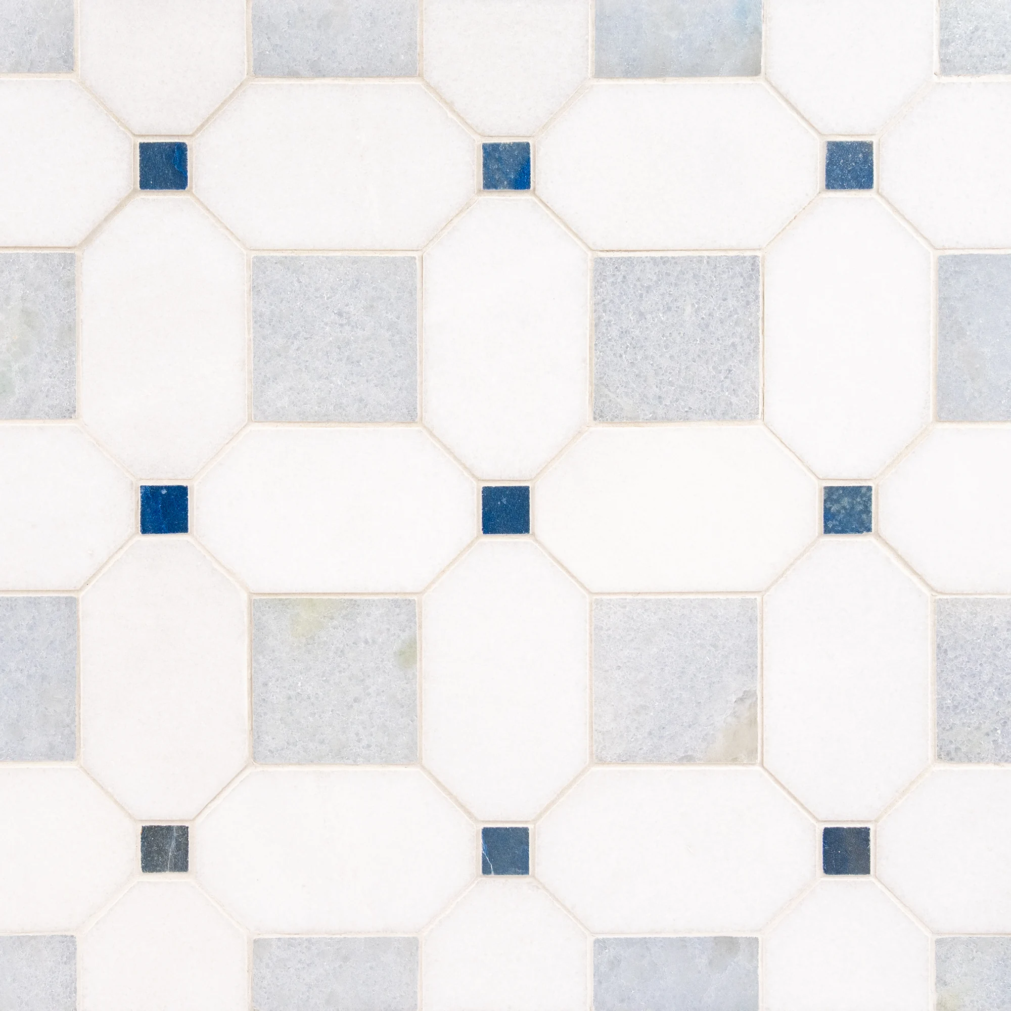 Seabreeze Cielo Thassos and Azul Cielo polished octagon and dot marble mosaic tile | The Mosaic Shop