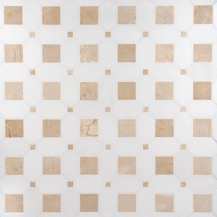 Seabreeze Crema Thassos and Crema Marfil polished octagon and dot marble mosaic tile | The Mosaic Shop