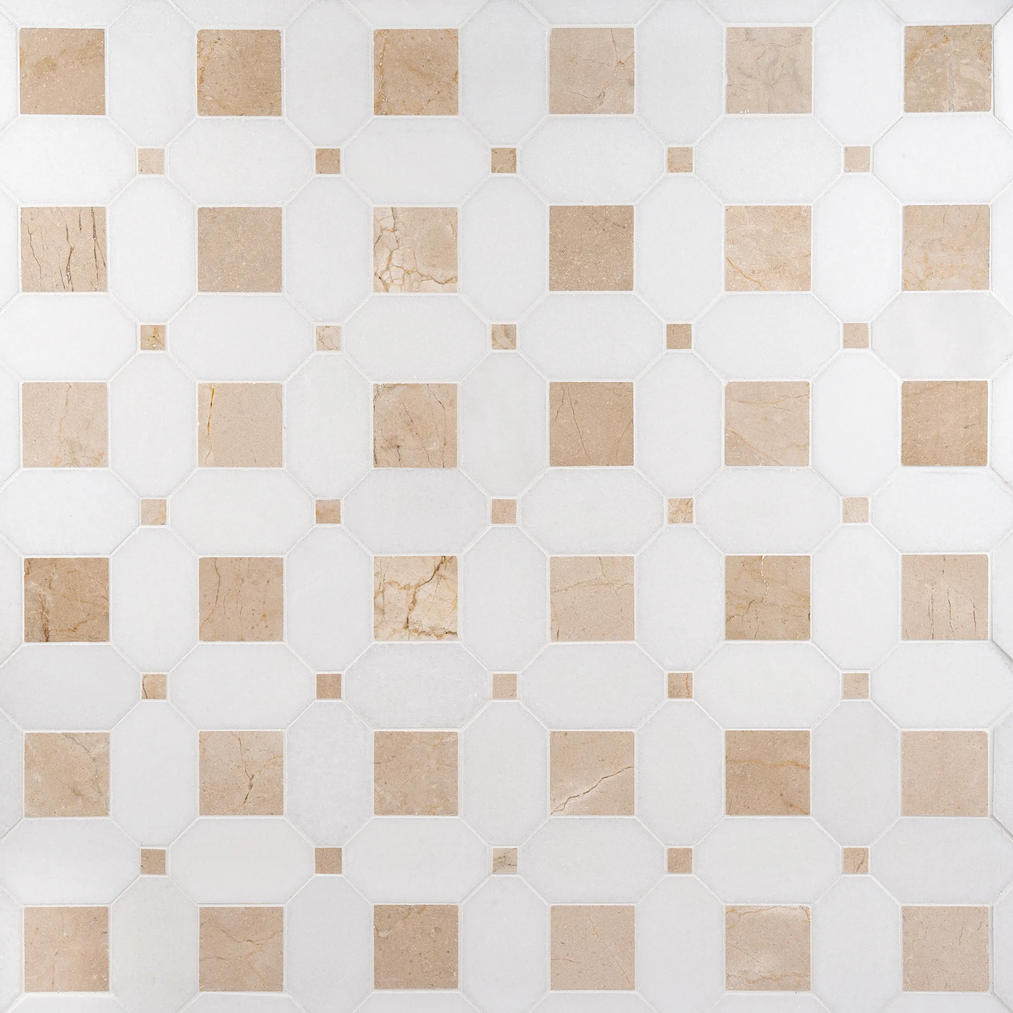 Seabreeze Crema Thassos and Crema Marfil polished octagon and dot marble mosaic tile | The Mosaic Shop
