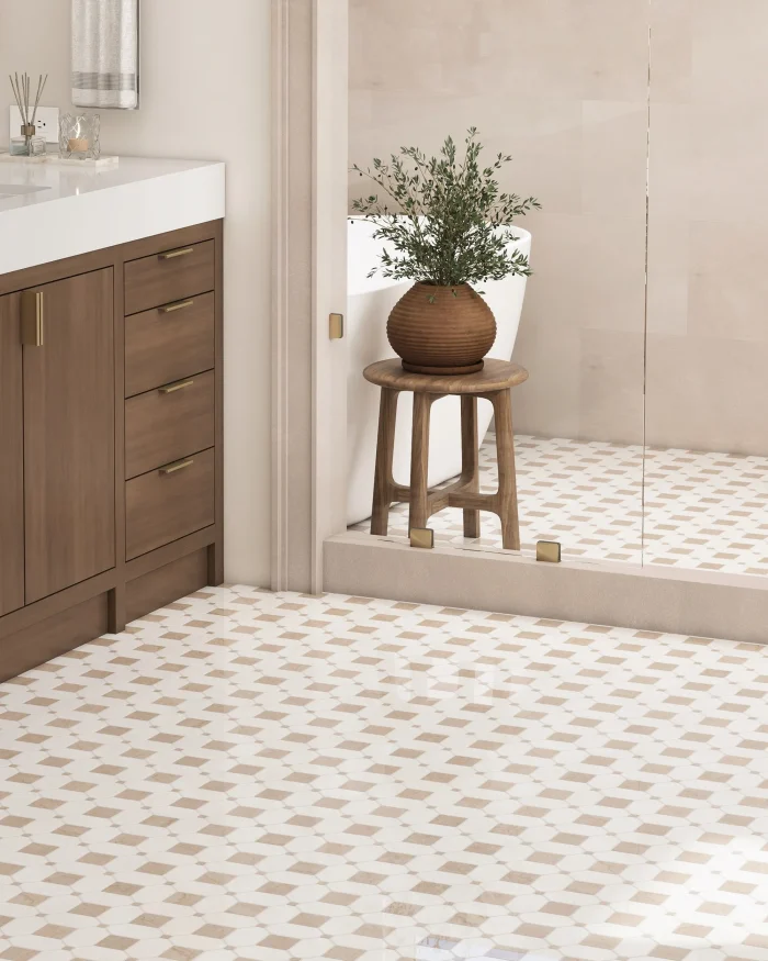 Seabreeze Crema marble mosaic tile installed on a shower floor