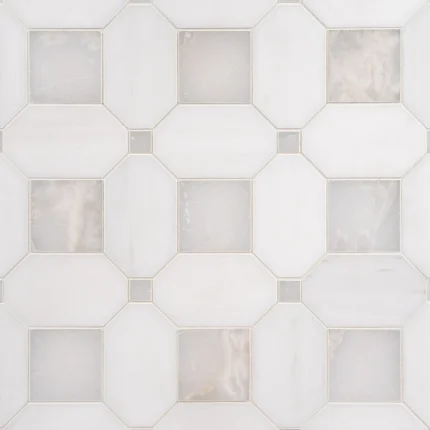 Seabreeze Latea Bianco Dolomite and Via Latea honed octagon and dot marble mosaic tile | The Mosaic Shop
