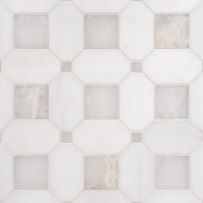 Seabreeze Latea Bianco Dolomite and Via Latea honed octagon and dot marble mosaic tile | The Mosaic Shop