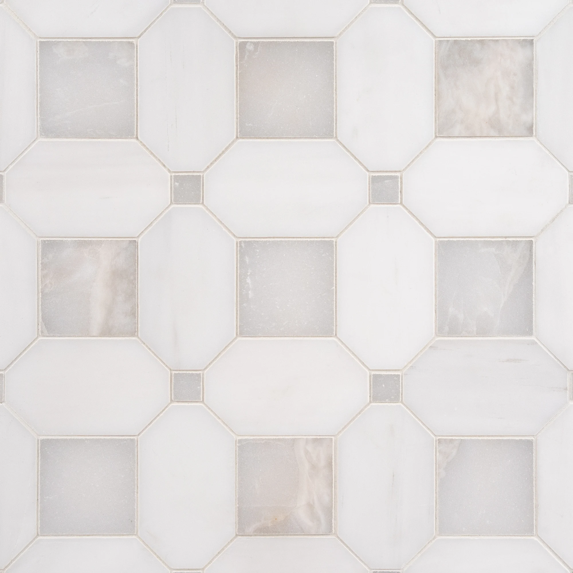 Seabreeze Latea Bianco Dolomite and Via Latea honed octagon and dot marble mosaic tile | The Mosaic Shop