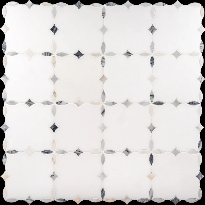 Sea Star Bluette Thassos and Calacatta Bluette polished floral marble mosaic tile | The Mosaic Shop