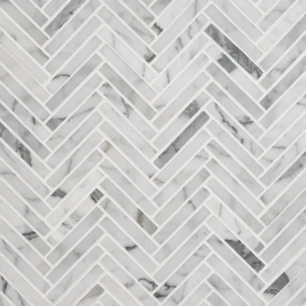 Italian Statuary 3/8x2.5 polished mini herringbone marble mosaic tile | The Mosaic Shop