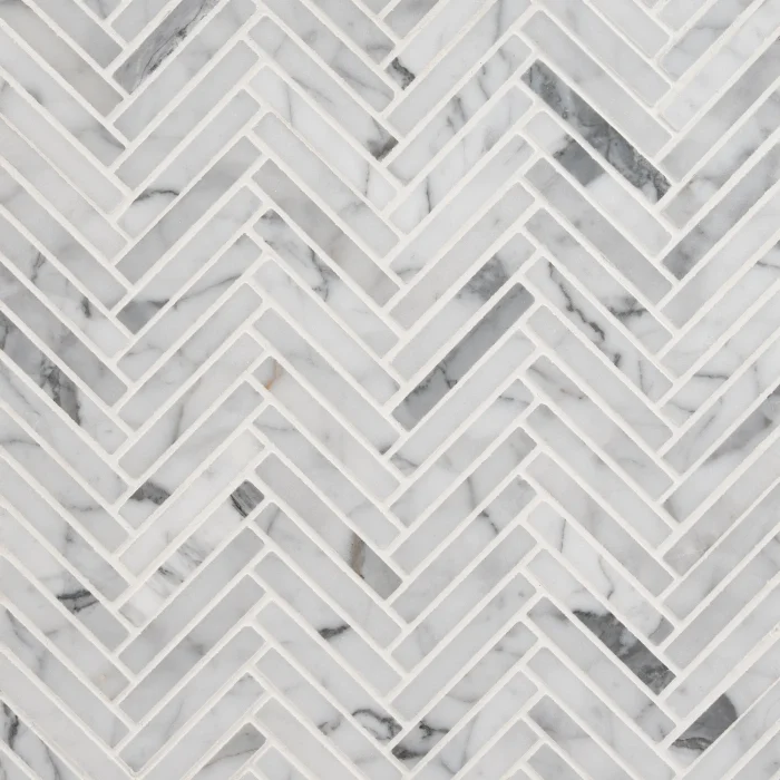 Italian Statuary 3/8x2.5 polished mini herringbone marble mosaic tile | The Mosaic Shop