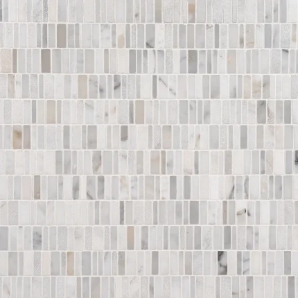 Studio Calacatta Gold mixed finish honed polished and leathered broken joint mini brick marble mosaic tile | The Mosaic Shop