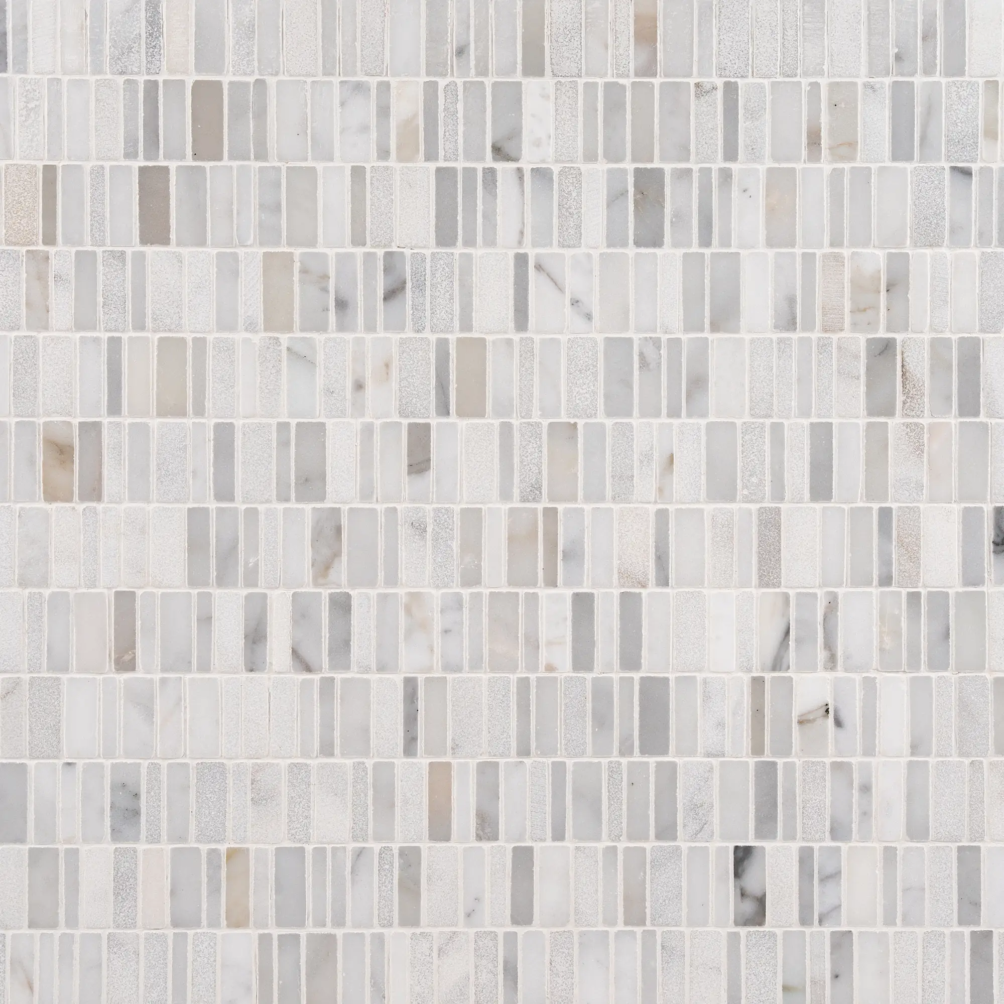 Studio Calacatta Gold mixed finish honed polished and leathered broken joint mini brick marble mosaic tile | The Mosaic Shop