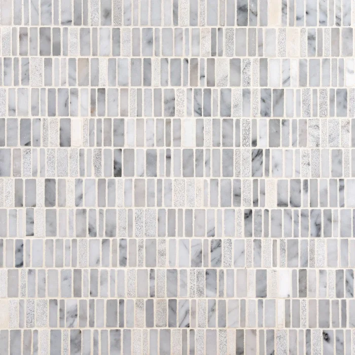 Studio Carrara Bianco Carrara mixed finish honed polished and leather broken joint mini brick marble mosaic tile | The Mosaic Shop