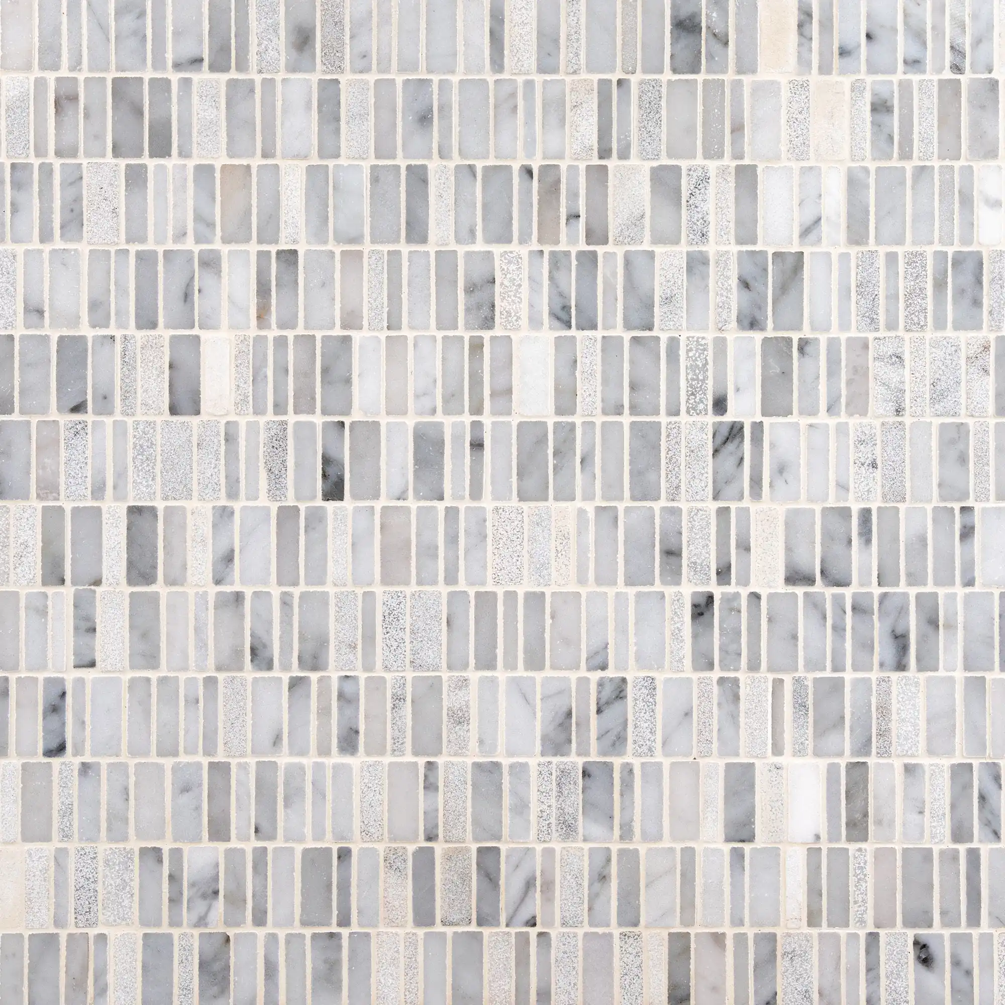 Studio Carrara Bianco Carrara mixed finish honed polished and leather broken joint mini brick marble mosaic tile | The Mosaic Shop