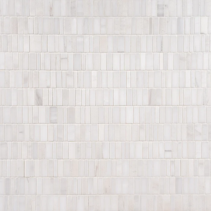 Studio Bianco Bianco Dolomite mixed finish honed polished and leather broken joint mini brick marble mosaic tile | The Mosaic Shop