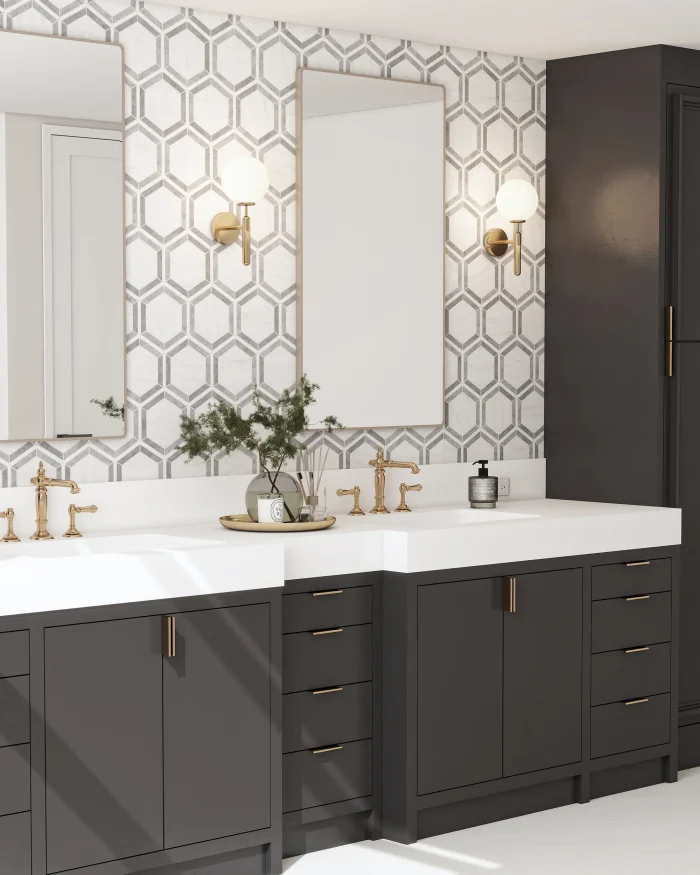 Sunrise Hex marble mosaic tile installed as a bathroom vanity backsplash