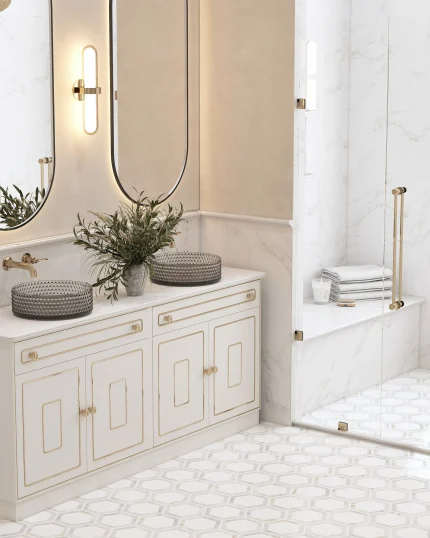 Sunrise Hex Bluette Thassos and Calacatta Bluette hexagon polished marble mosaic tile | The Mosaic Shop