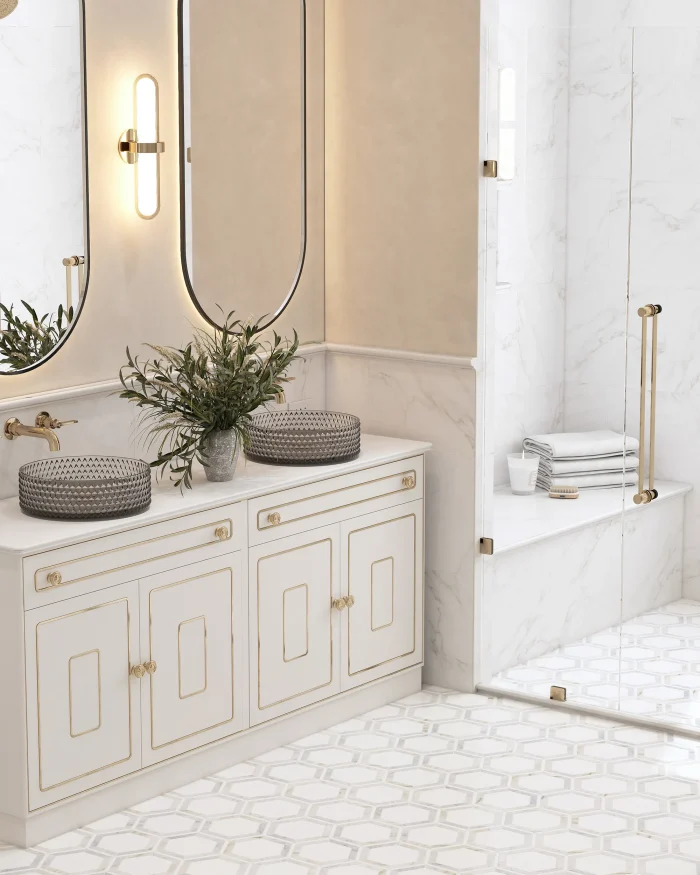 Sunrise Hex Bluette Thassos and Calacatta Bluette hexagon polished marble mosaic tile | The Mosaic Shop
