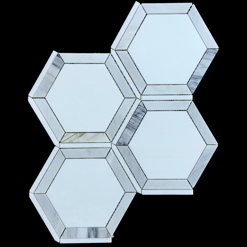 Sunrise Hex Bluette thassos and calacatta bluette marble mosaic lot image showing natural variation | The Mosaic Shop