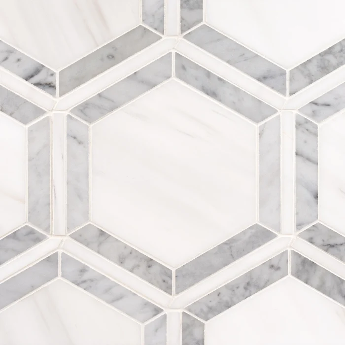 Sunrise Hex Bianco Dolomite and Carrara polished marble mosaic tile | The Mosaic Shop
