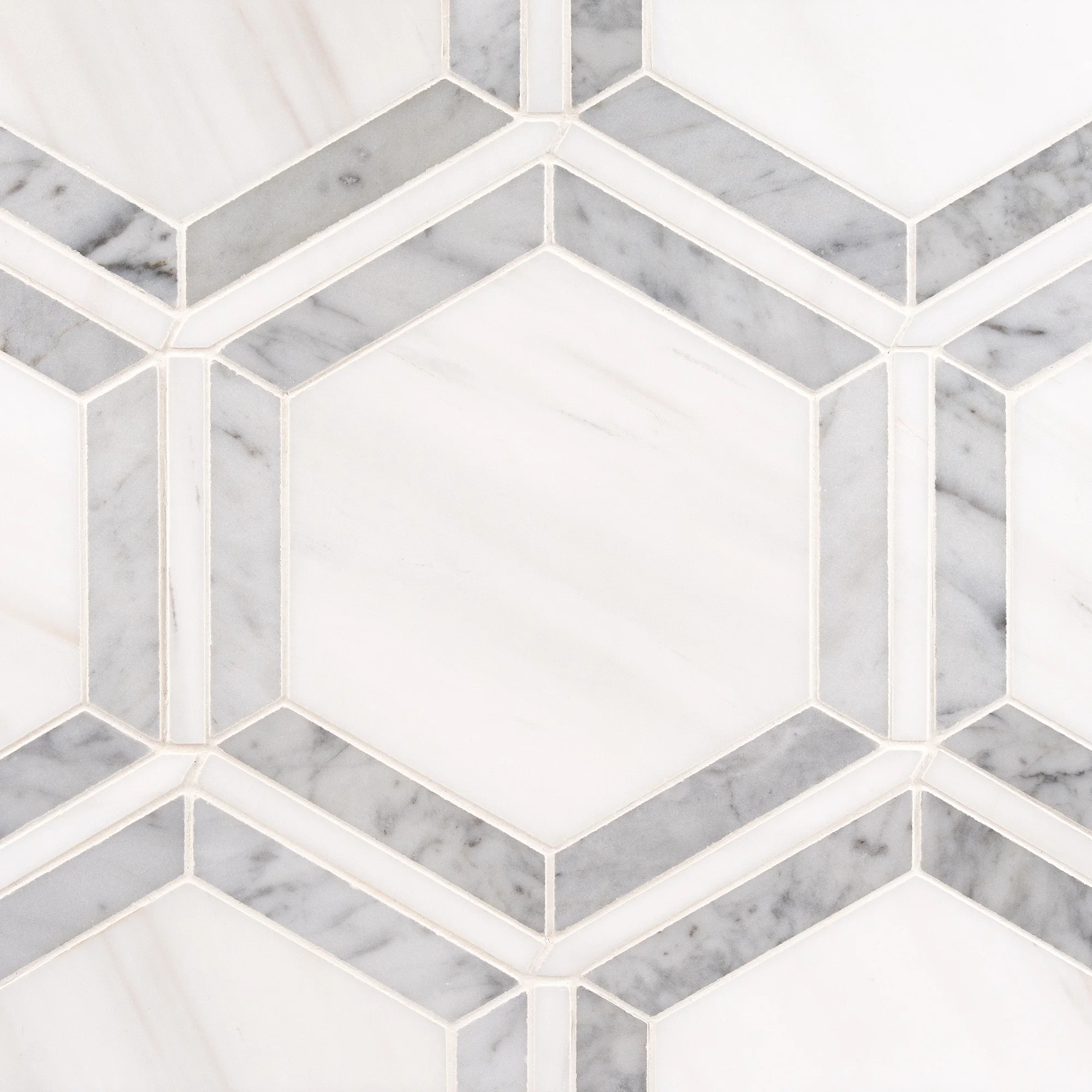 Sunrise Hex Bianco Dolomite and Carrara polished marble mosaic tile | The Mosaic Shop