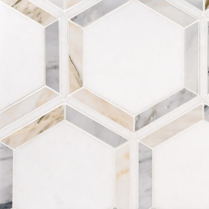 Sunrise Hexagon Bluette Thassos and Calacatta Bluette polished marble mosaic tile | The Mosaic Shop