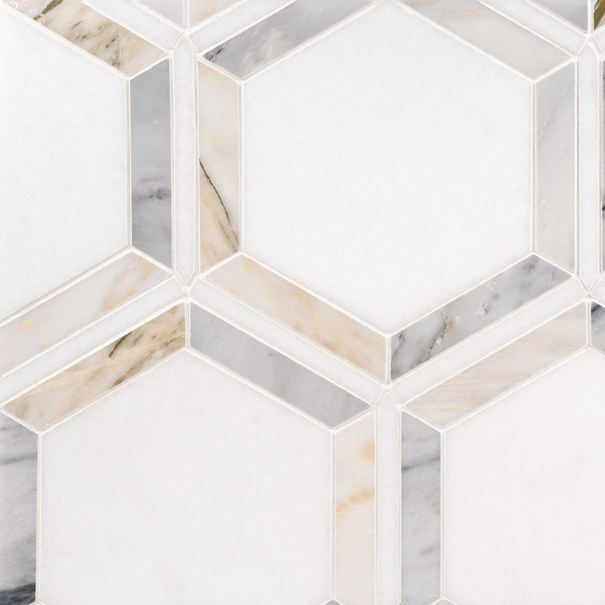 sunrise-hex-marble-mosaic Sunrise Hexagon Bluette Thassos and Calacatta Bluette polished marble mosaic tile | The Mosaic Shop