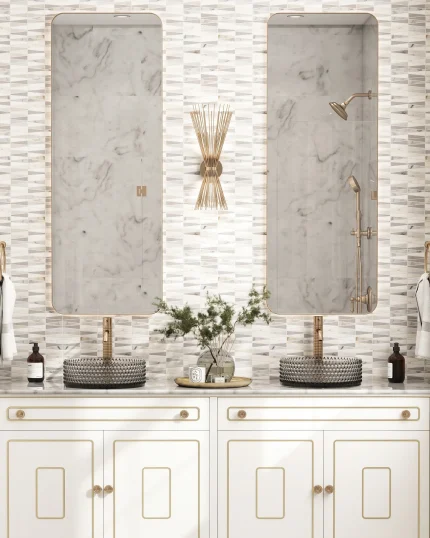 Surfside mixed marble calacatta, carrara, thassos, dolomite mosaic tile installed on a bathroom vanity wall