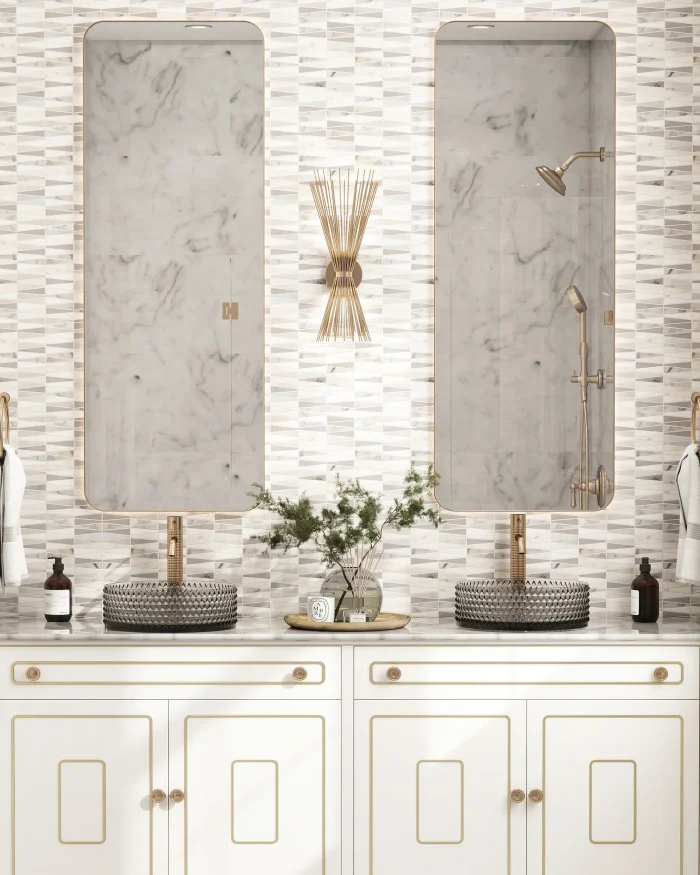 Surfside mixed marble calacatta, carrara, thassos, dolomite mosaic tile installed on a bathroom vanity wall
