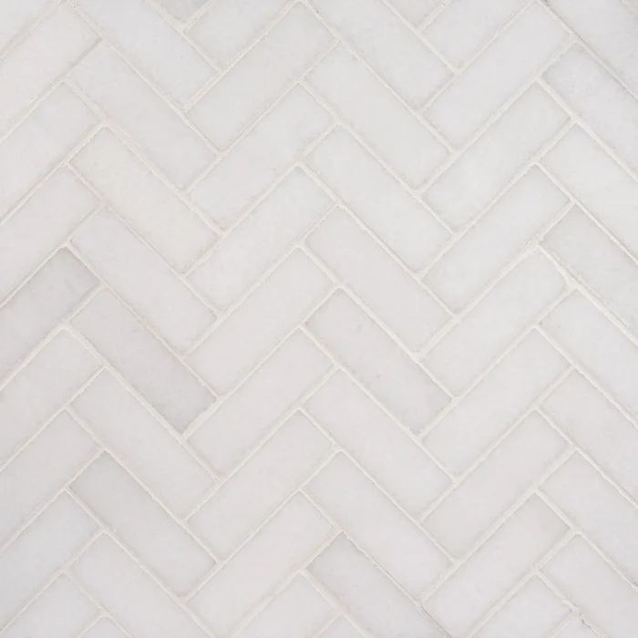 Thassos 1x3 polished herringbone marble mosaic tile | The Mosaic Shop
