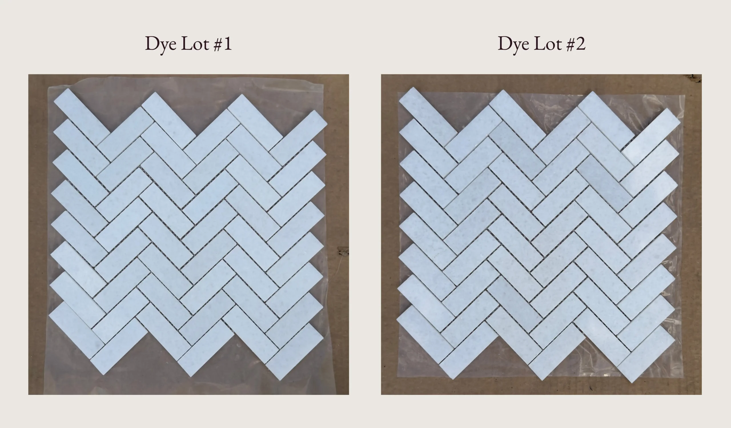 Side-by-side comparison of two natural stone dye lots in herringbone mosaic