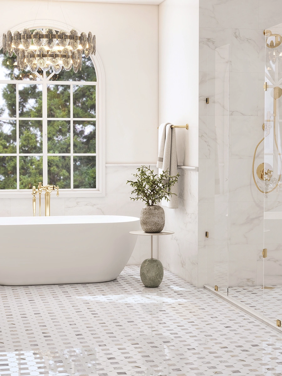 Seabreeze Calacatta Bluette natural stone marble mosaic tile installed on a bathroom and shower floor - The Mosaic Shop