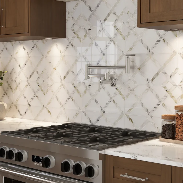 Close-up of Topsail marble mosaic showing Thassos diamond centers and Calacatta Gold diagonal lattice detail