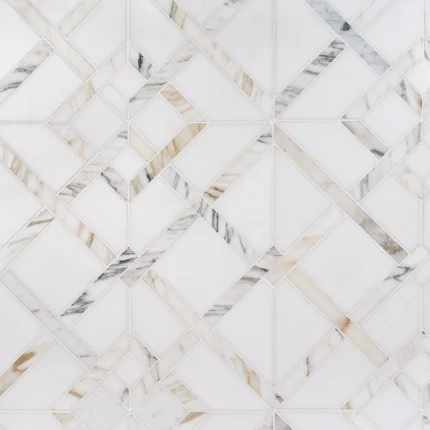 Topsail Thassos and Calacatta Gold polished lattice waterjet marble mosaic tile | The Mosaic Shop