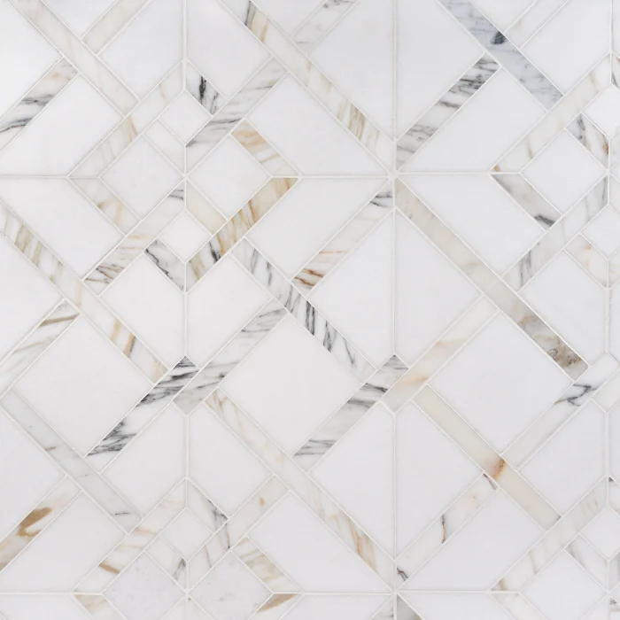 Topsail Thassos and Calacatta Gold polished lattice waterjet marble mosaic tile | The Mosaic Shop