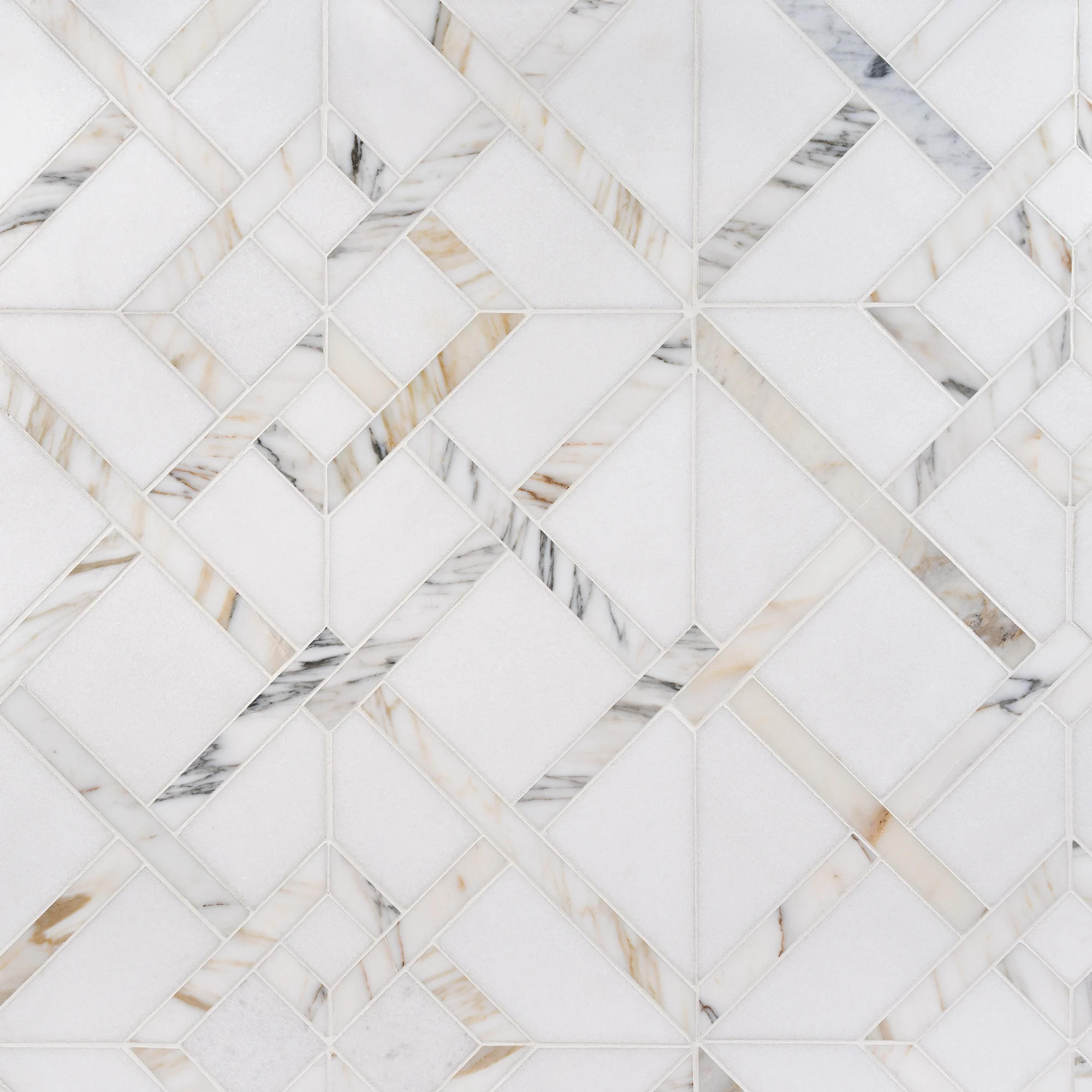 topsails-marble-mosaic Topsail Thassos and Calacatta Gold polished lattice waterjet marble mosaic tile | The Mosaic Shop